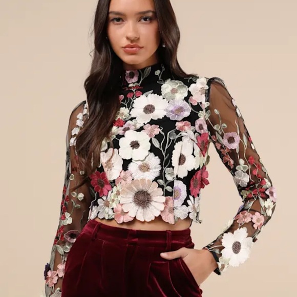 Lulu's Black Sheer Top with Floral Embroidery - Picture 2 of 5